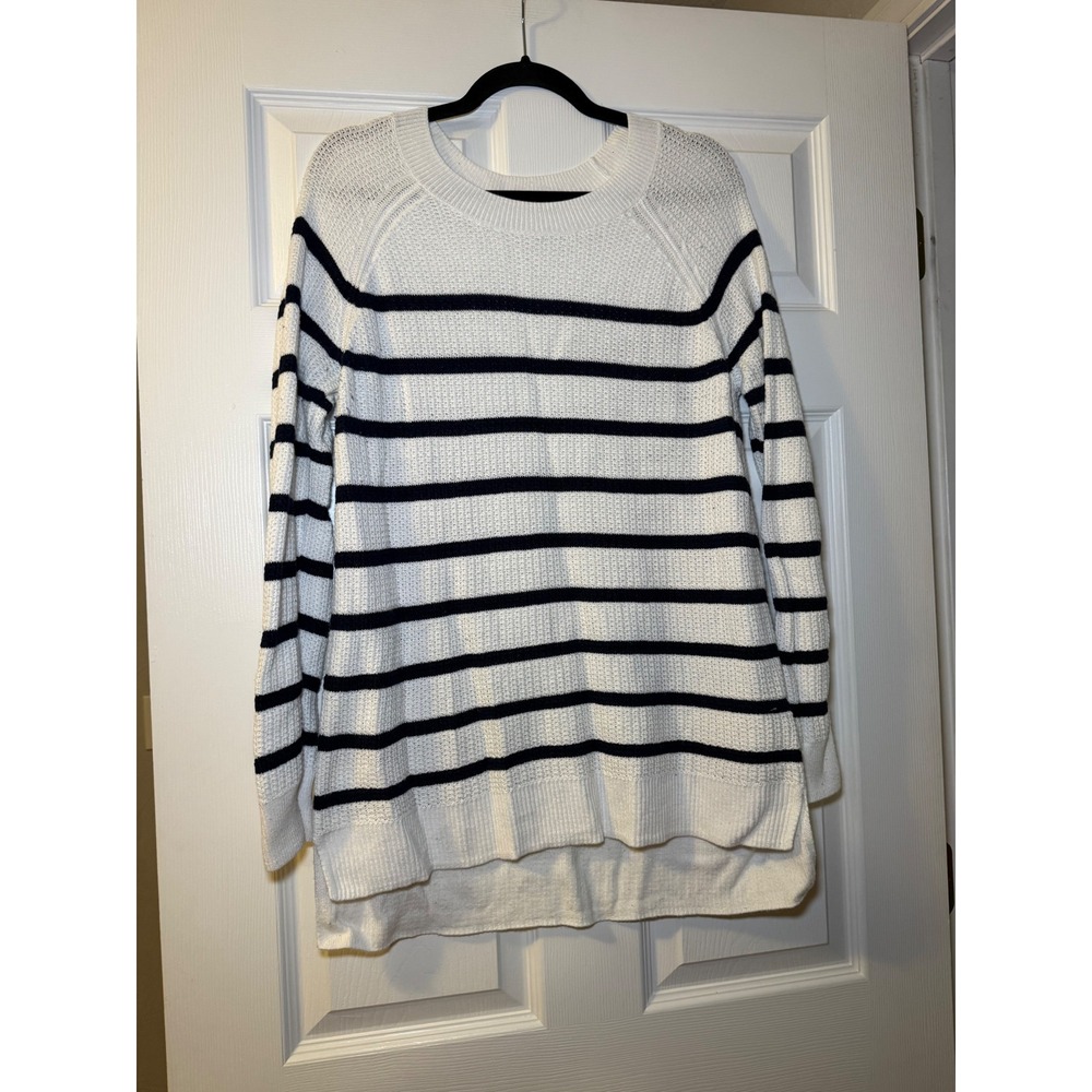 Old Navy Sweater Womens Large White Navy Striped Crewneck High Low Pullover Knit